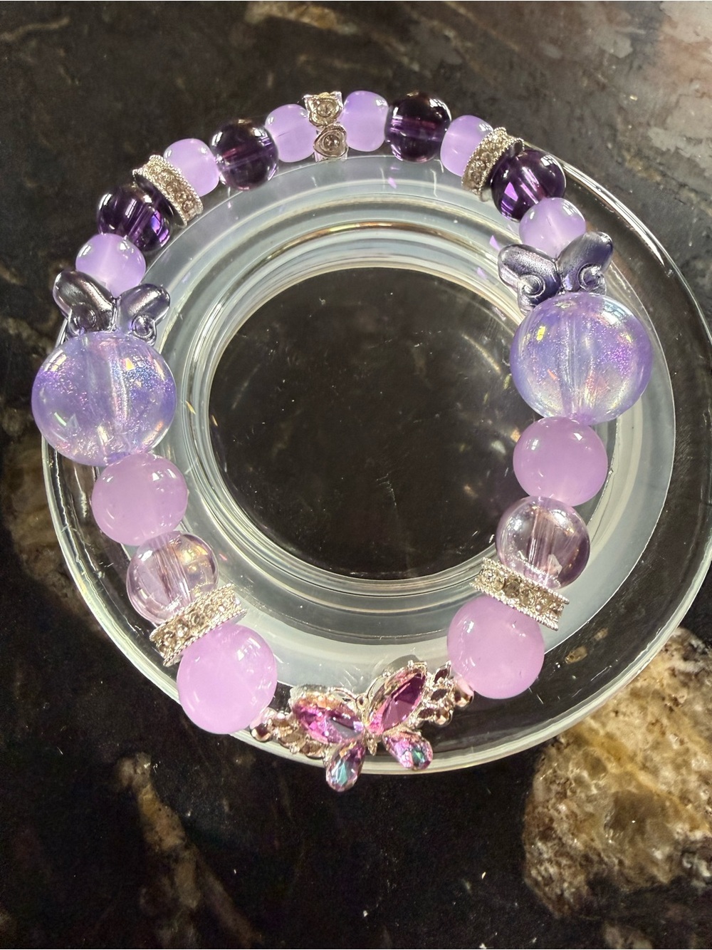 Purple Beaded Butterfly Stretch Bracelet